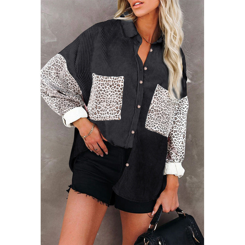 Leopard Print Women's Shirt Lapel Pit Strip Casual Jacket - AMAZEALL
