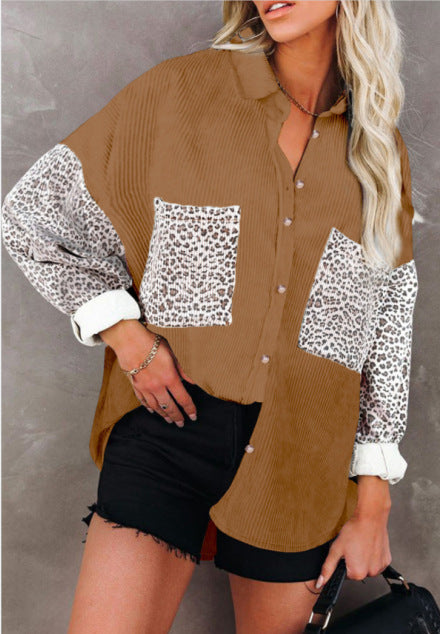 Leopard Print Women's Shirt Lapel Pit Strip Casual Jacket - AMAZEALL