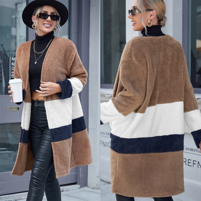 Double Sided Fur Color Block Mid-length Cardigan Trench Coat - AMAZEALL