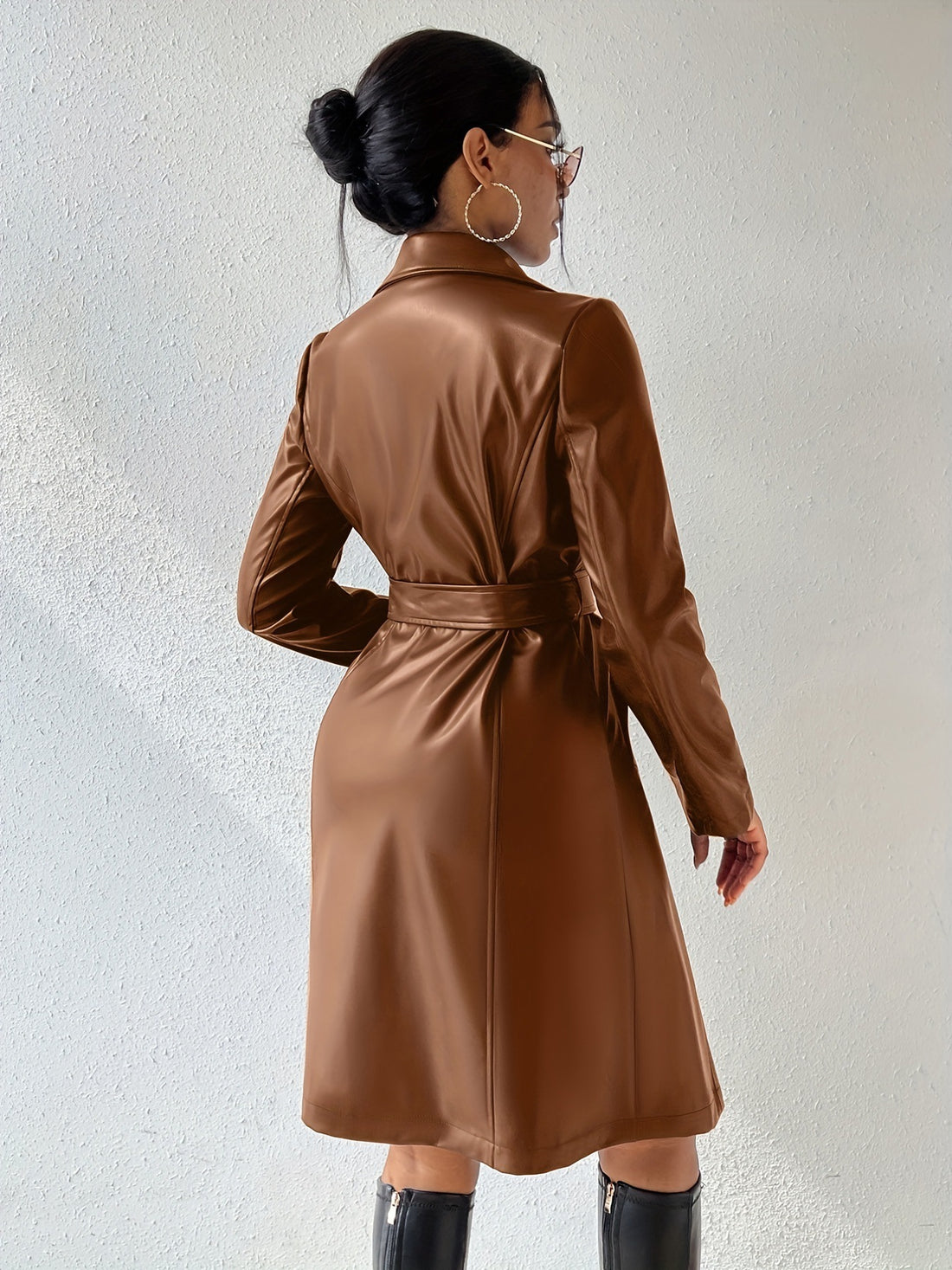 Long Sleeve Lapel PU Leather Jacket With Pockets Slim Fit Long Trench Coat Women's Clothing - AMAZEALL