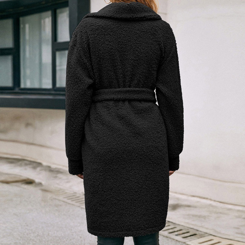 Mid Length Lapel Belted Single Breasted Plush Trench Coat - AMAZEALL