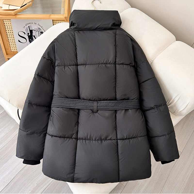 Winter Plaid Sewing Lapel Coat With Lace-up Design Fashion Loose Solid Thick Jacket Outerwear Women's Clothing - AMAZEALL