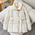 Winter Plaid Sewing Lapel Coat With Lace-up Design Fashion Loose Solid Thick Jacket Outerwear Women's Clothing - AMAZEALL