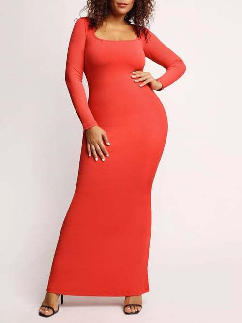 Round Neck Sleeved Slim Fitting Long Dress - AMAZEALL