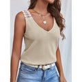 Waffle V-Neck Vest Sleeveless Lace Tank Shirt Tops Summer - AMAZEALL