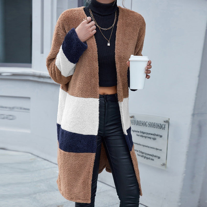 Double Sided Fur Color Block Mid-length Cardigan Trench Coat - AMAZEALL