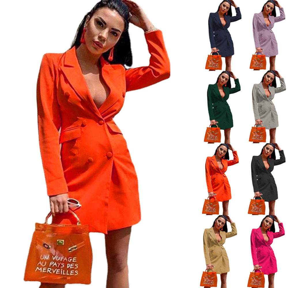 New Summer Women's Fitted Double Breasted Long Sleeve Lapel Blazer - AMAZEALL