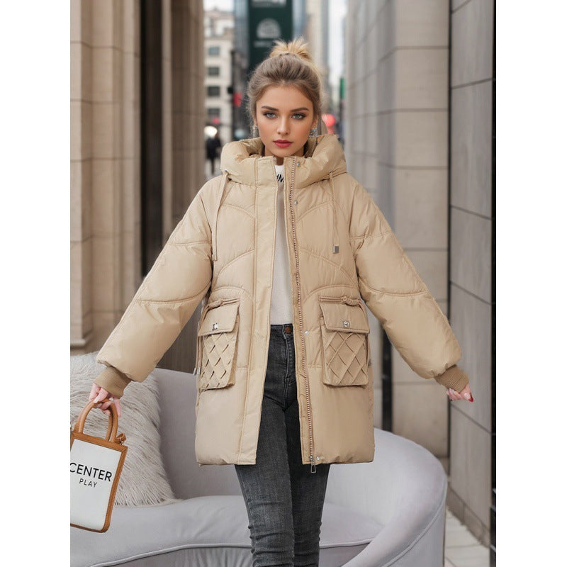 Winter Warm Hooded Coat With Pockets Fashion Solid Color Thicken Straight Cotton Jacket For Women Outerwear Clothing - AMAZEALL