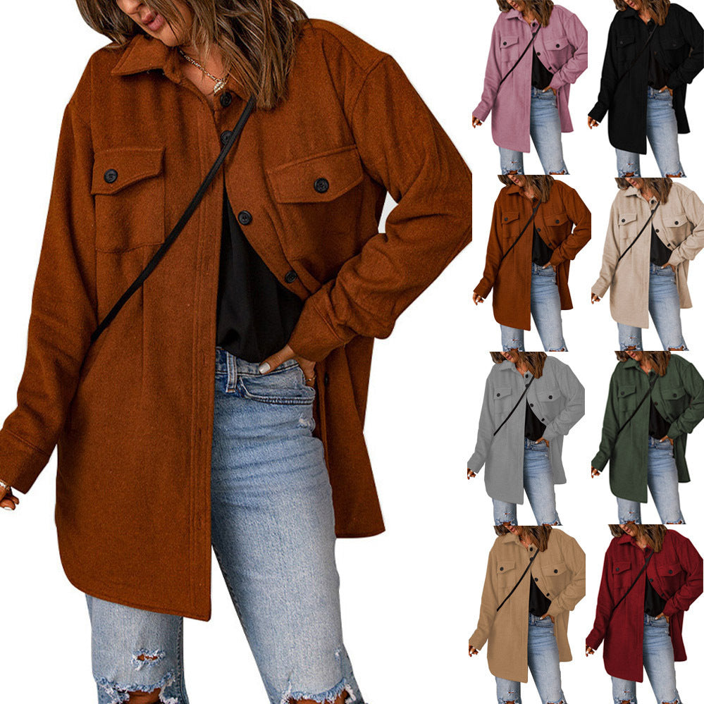 Women's Corduroy Solid Color Single Breasted Casual Lapel Woolen Jacket - AMAZEALL