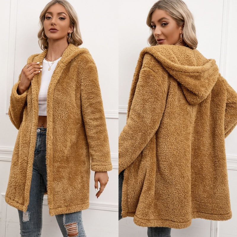 Lambswool Midi Cardigan Hooded Trench Coat - AMAZEALL
