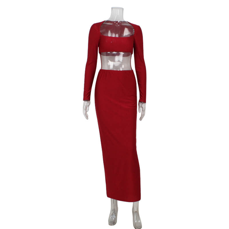 European and American long sleeved long skirt set, strapless short top, high waist, hip hugging skirt, sexy and spicy two-piece set - AMAZEALL