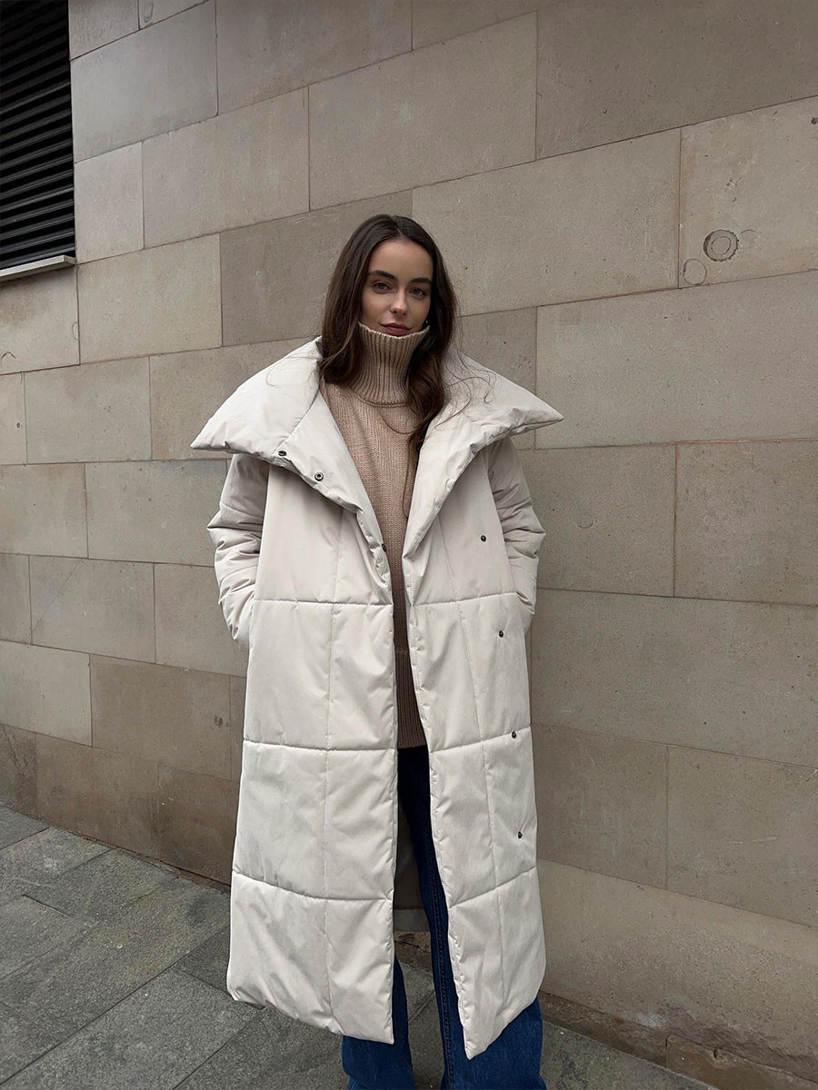 Fashion Large Lapel Long Coat Winter Warm Cotton Jacket With Pockets And Lace-up Design Casual Solid Color Thick Coat For Women Outwear Clothing - AMAZEALL