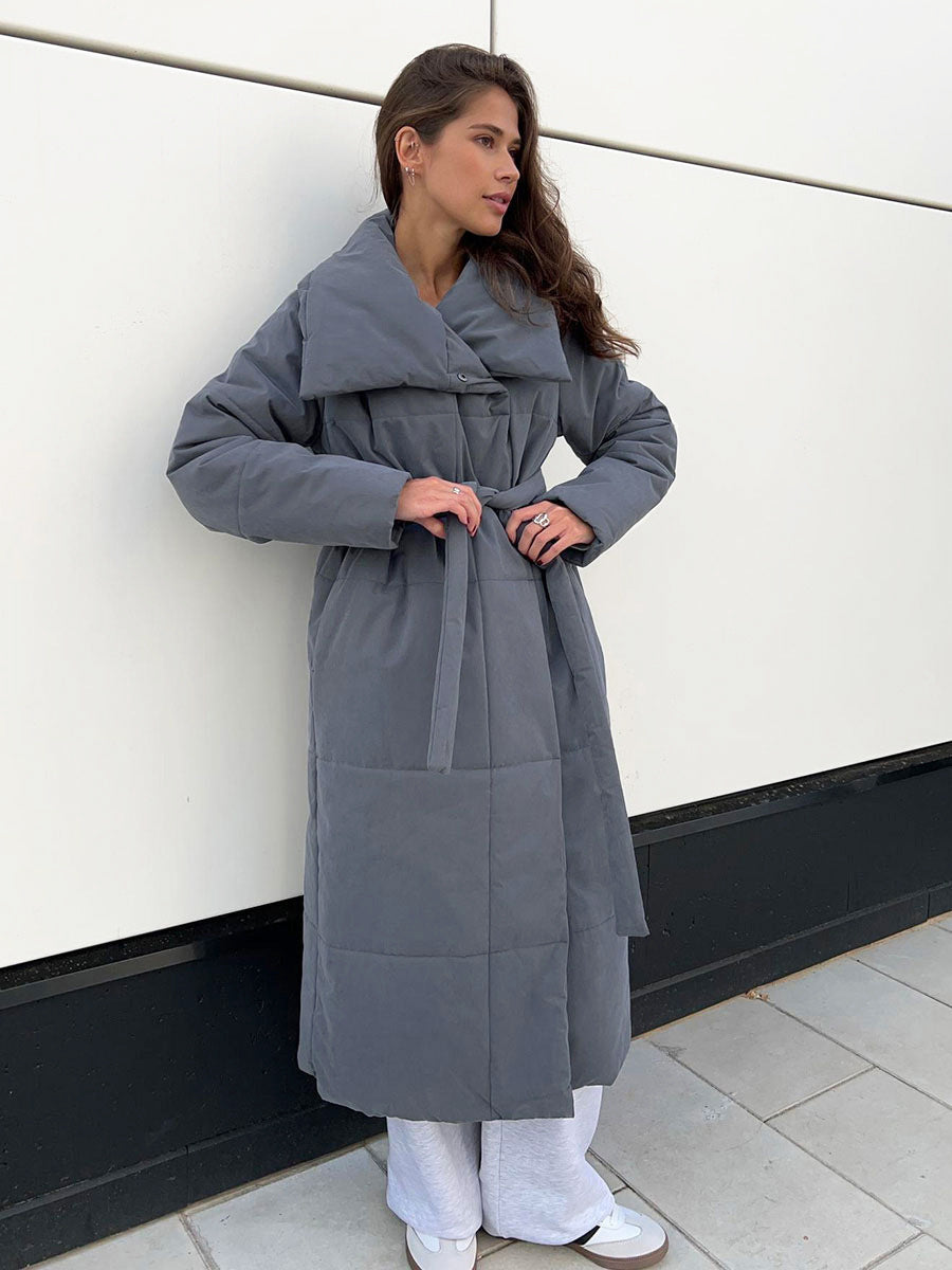 Fashion Large Lapel Long Coat Winter Warm Cotton Jacket With Pockets And Lace-up Design Casual Solid Color Thick Coat For Women Outwear Clothing - AMAZEALL