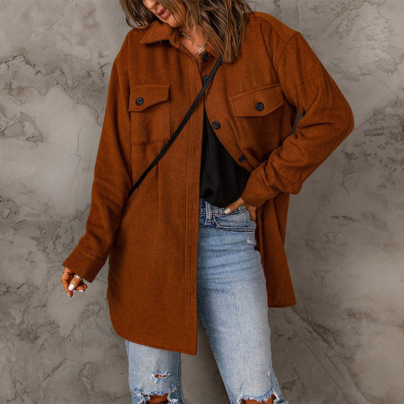 Women's Corduroy Solid Color Single Breasted Casual Lapel Woolen Jacket - AMAZEALL