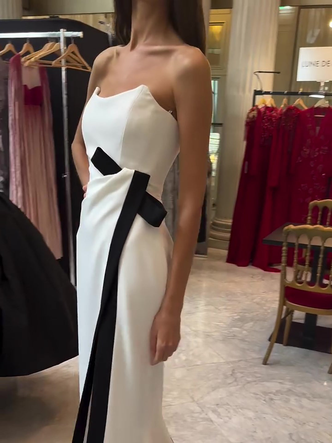 Strapless Black And White Contrasting Slit Dress - AMAZEALL