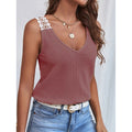 Waffle V-Neck Vest Sleeveless Lace Tank Shirt Tops Summer - AMAZEALL