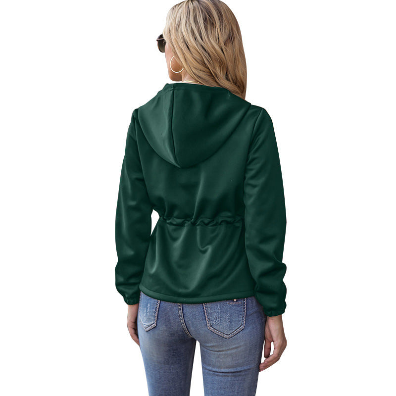 Spring And Summer New Women's Solid Color Casual Zipper Waist Lantern Sleeve Hooded Cardigan Jacket - AMAZEALL