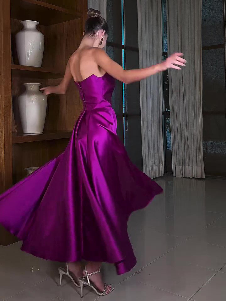 Satin Tube Top Full Skirt Dress - AMAZEALL