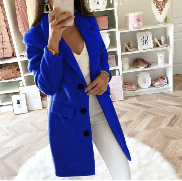 Solid Color Suit Collar Mid-Length Double-Breasted Woolen Coat - AMAZEALL