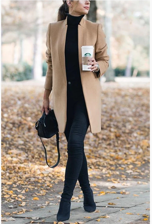 New European And American Fashion Solid Color Stand Collar Woolen Coat - AMAZEALL