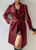 Long Sleeve Lapel PU Leather Jacket With Pockets Slim Fit Long Trench Coat Women's Clothing - AMAZEALL