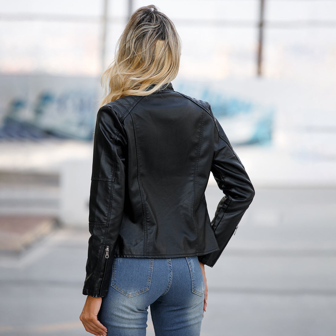 Biker Oversized Stand Collar Leather Jacket - AMAZEALL