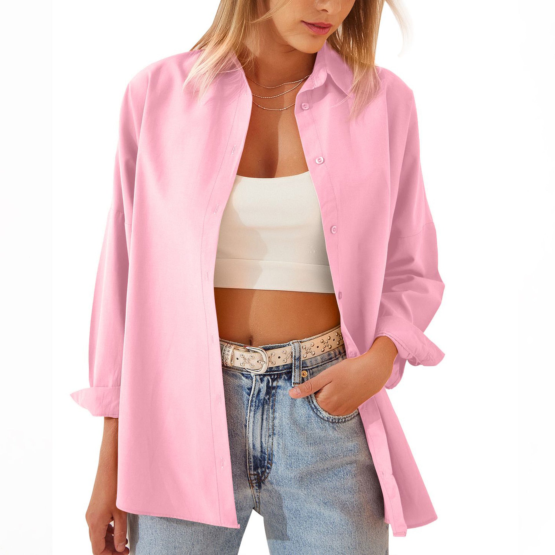 Women's Shirt Jacket Long Sleeve Blouse Button Down Tops Candy Color Shirt - AMAZEALL