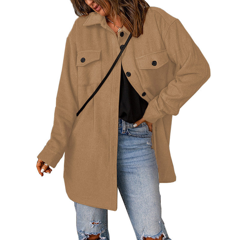 Women's Corduroy Solid Color Single Breasted Casual Lapel Woolen Jacket - AMAZEALL