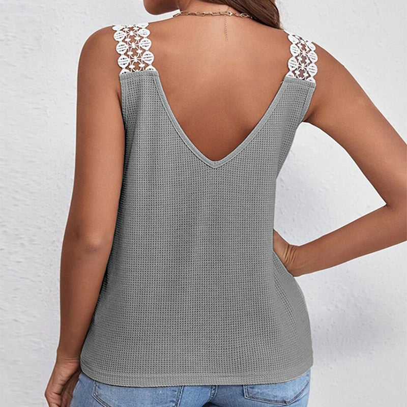 Waffle V-Neck Vest Sleeveless Lace Tank Shirt Tops Summer - AMAZEALL