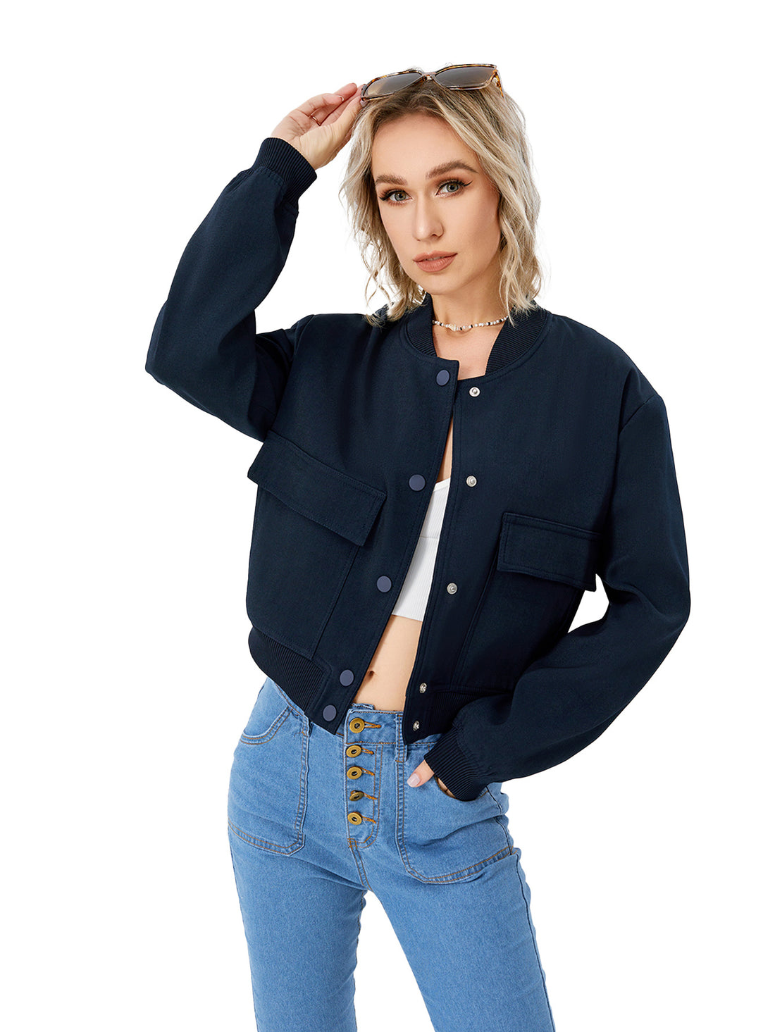 Women's Lightweight Cropped Bomber Jacket Casual Long Sleeve Varsity Jacket With Pocket Fashion Y2k Jacket Streetwear - AMAZEALL