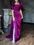 Elegant Puff Sleeve Pleated Slit Maxi Dress - AMAZEALL