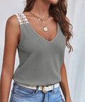 Waffle V-Neck Vest Sleeveless Lace Tank Shirt Tops Summer - AMAZEALL