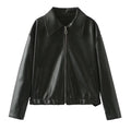 Solid Color Lapel Zipper Jacket Fashion Casual Long Sleeve Leather Coat Tops Women Clothing - AMAZEALL