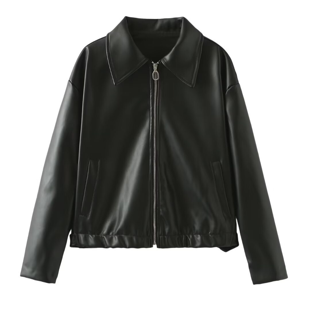 Solid Color Lapel Zipper Jacket Fashion Casual Long Sleeve Leather Coat Tops Women Clothing - AMAZEALL