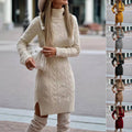 Fashion Turtleneck Knitted Dress With Slit Design Winter Warm Solid Color Pullover Long Sweater Women's Clothing - AMAZEALL