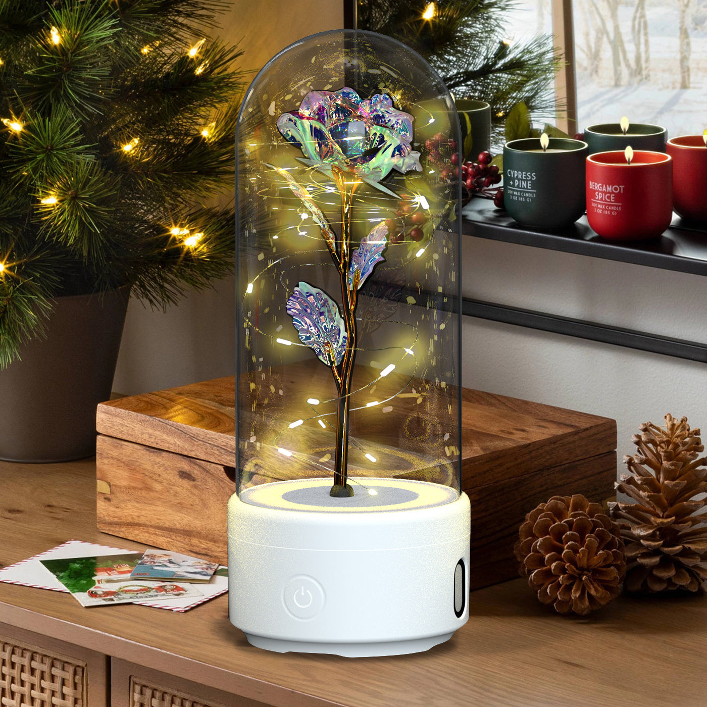 Creative 2 In 1 Rose Flowers LED Light And Bluetooth-compatible Speaker Valentine's Day Gift Rose Luminous Night Light Ornament In Glass Cover - AMAZEALL