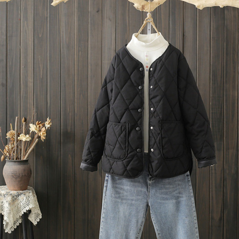 Winter Rhombus Sewing Coat With Pockets Warm Round-neck Button Jacket Lightweight Outerwear For Women's Clothing - AMAZEALL