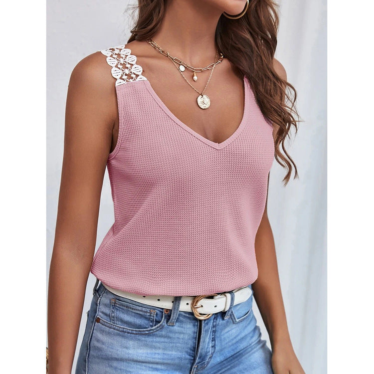 Waffle V-Neck Vest Sleeveless Lace Tank Shirt Tops Summer - AMAZEALL