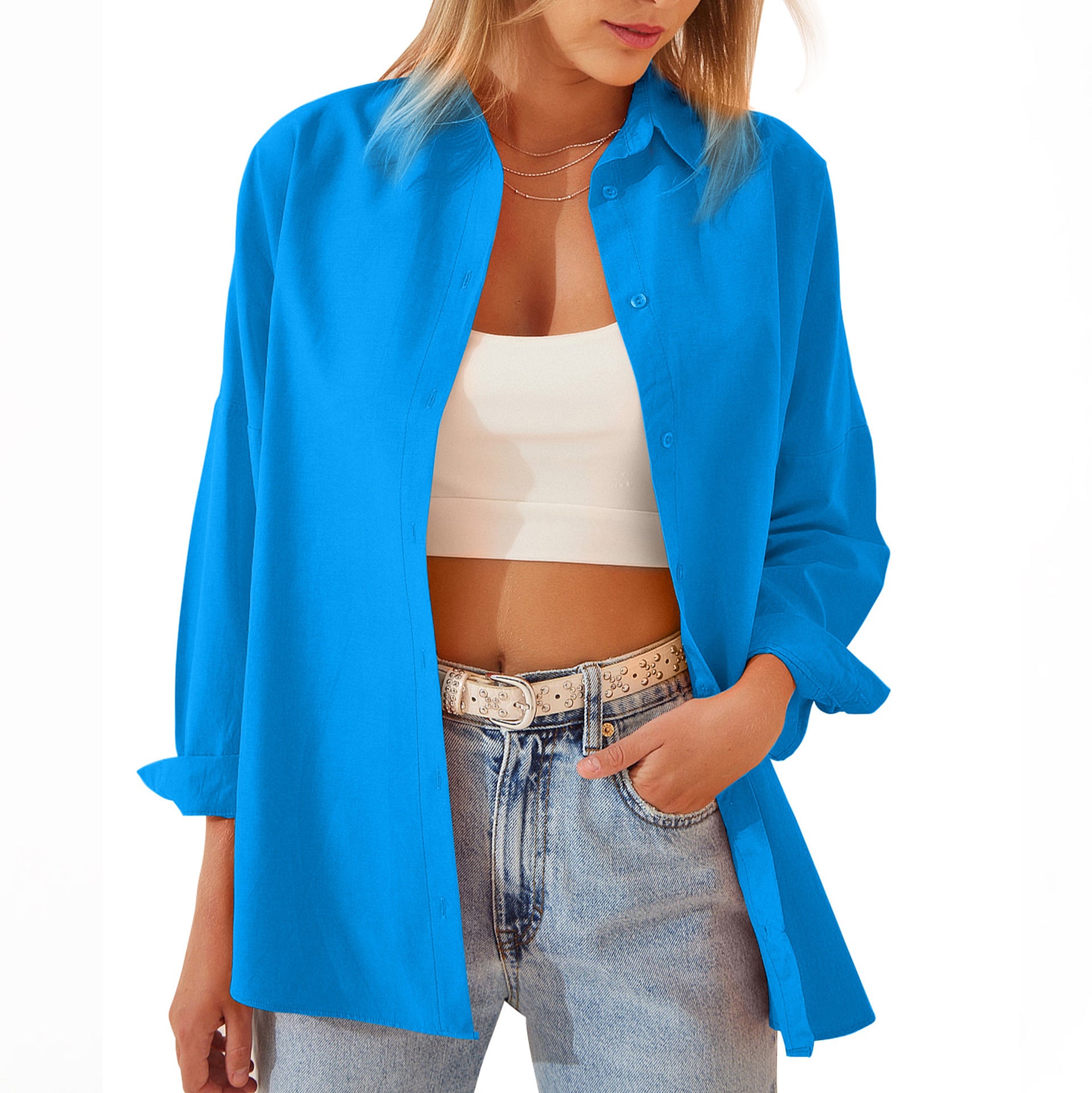 Women's Shirt Jacket Long Sleeve Blouse Button Down Tops Candy Color Shirt - AMAZEALL