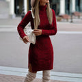 Fashion Turtleneck Knitted Dress With Slit Design Winter Warm Solid Color Pullover Long Sweater Women's Clothing - AMAZEALL