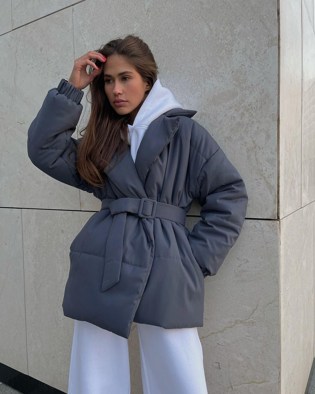 Winter Lapel Waisted Cotton Coat Fashion Solid Color Slim Overcoat Womens Clothing - AMAZEALL