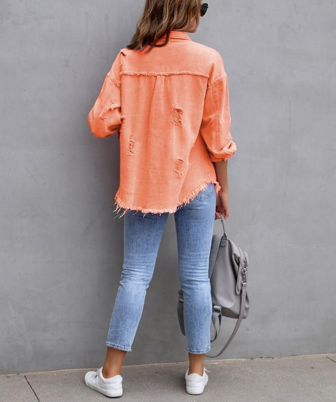 Women's Oversized Frayed Lightweight Denim Jacket Button Down Ripped Distressed Jean Shacket - AMAZEALL