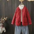 Winter Rhombus Sewing Coat With Pockets Warm Round-neck Button Jacket Lightweight Outerwear For Women's Clothing - AMAZEALL