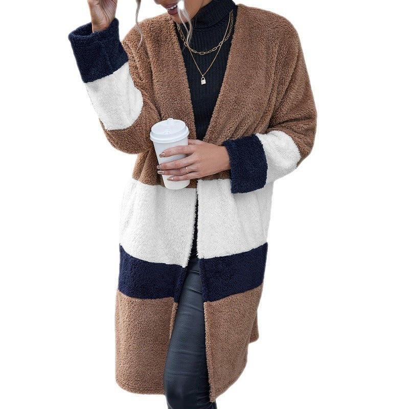 Double Sided Fur Color Block Mid-length Cardigan Trench Coat - AMAZEALL