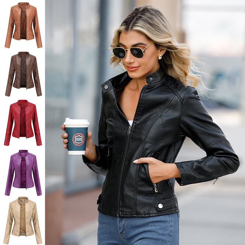 Biker Oversized Stand Collar Leather Jacket - AMAZEALL