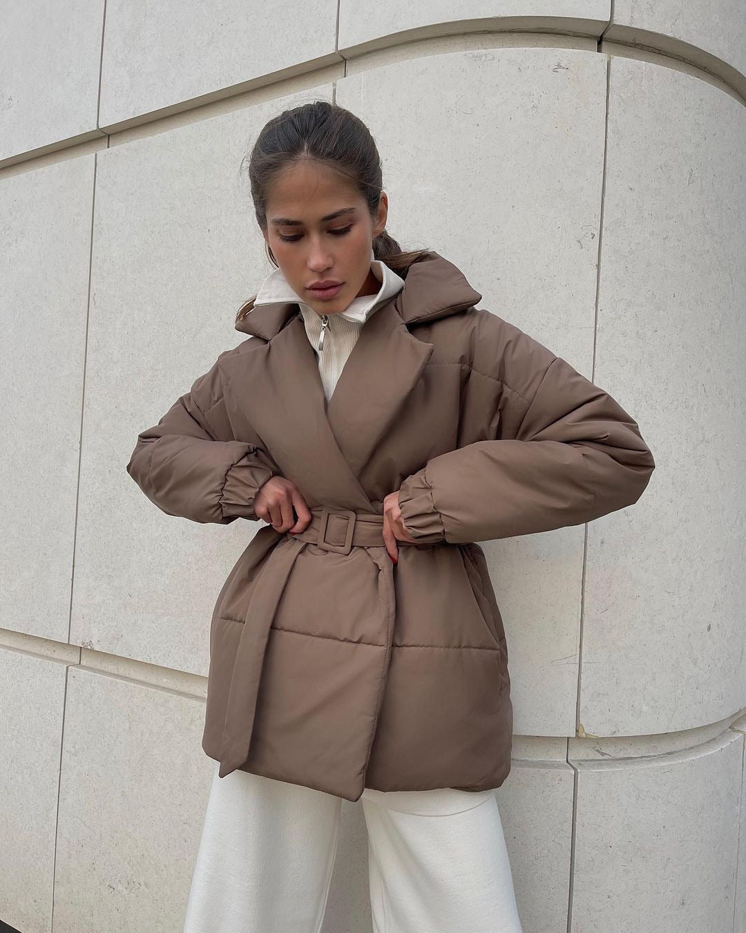 Winter Lapel Waisted Cotton Coat Fashion Solid Color Slim Overcoat Womens Clothing - AMAZEALL