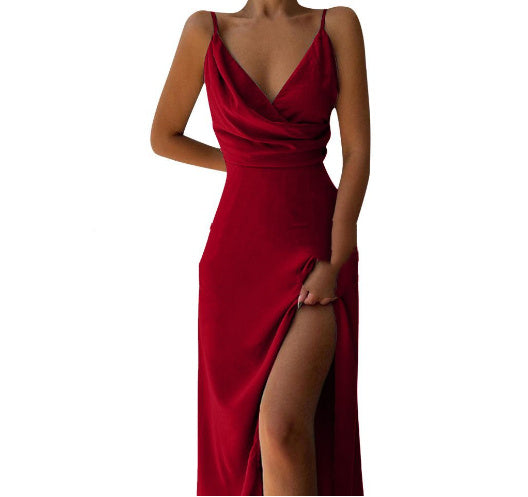 V-neck Slip Dress Low Cut Printed Slit Dress - AMAZEALL