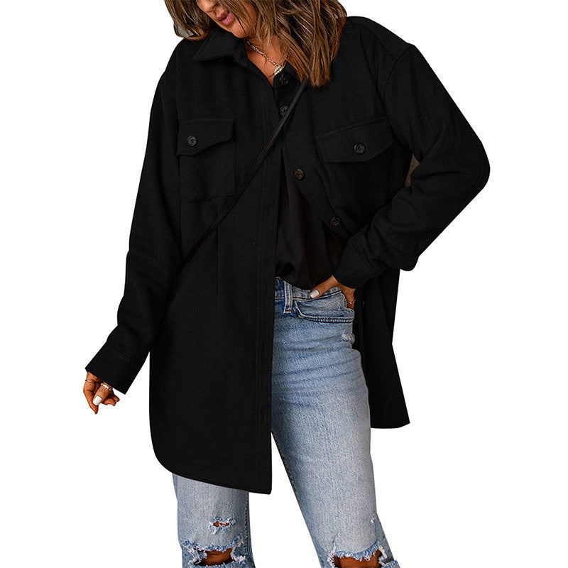 Women's Corduroy Solid Color Single Breasted Casual Lapel Woolen Jacket - AMAZEALL