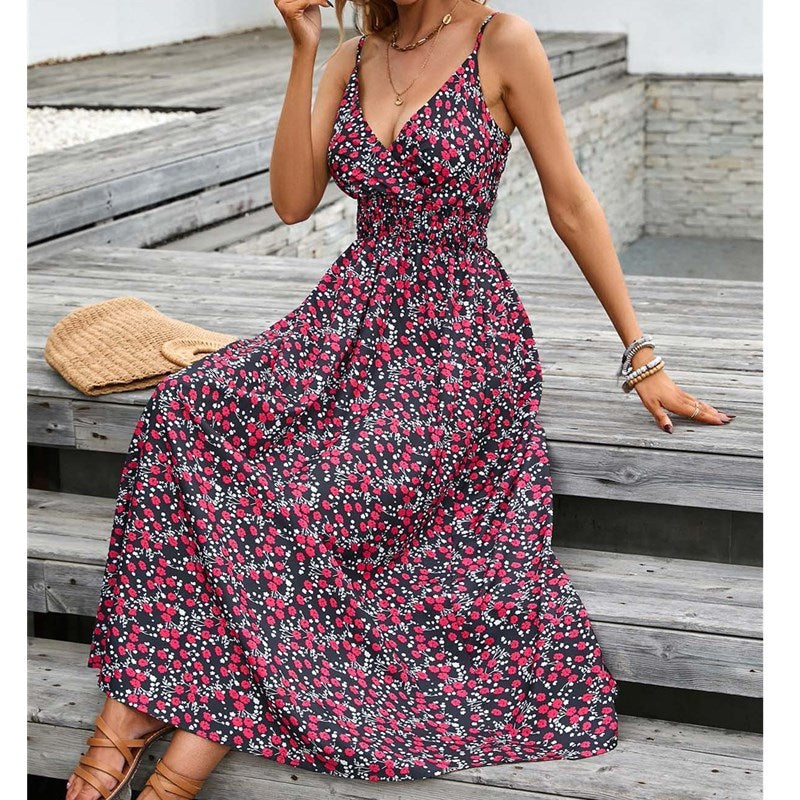 Fashionable Deep V Printed Slip Dress Summer - AMAZEALL
