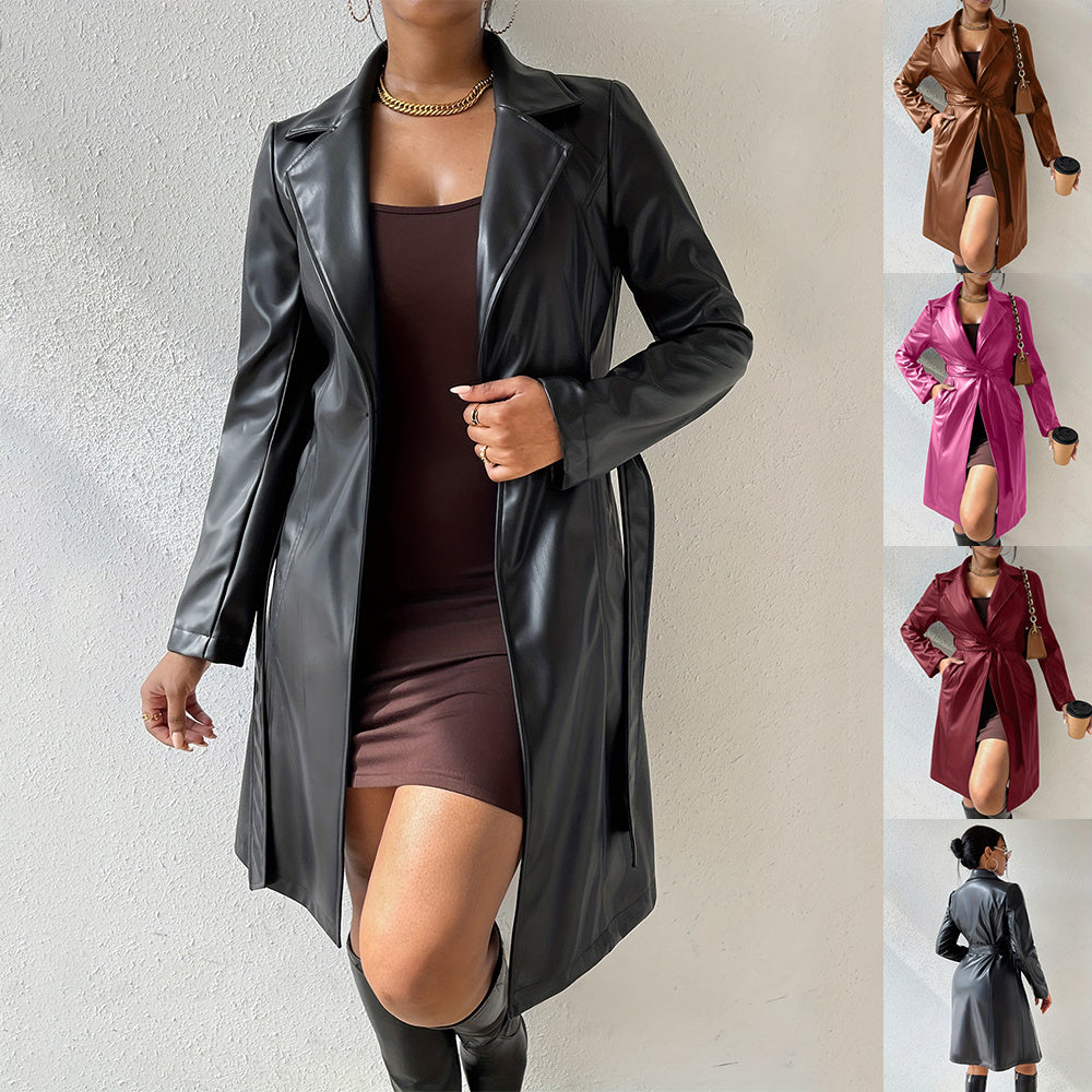 Long Sleeve Lapel PU Leather Jacket With Pockets Slim Fit Long Trench Coat Women's Clothing - AMAZEALL